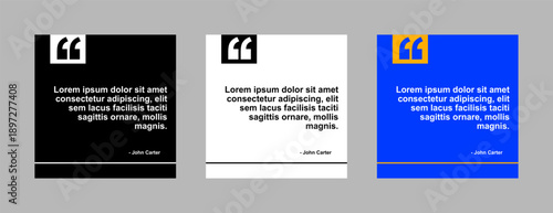 Square minimalist appointment card templates, professional block design for social media testimonials, black and white and blue corporate graphic designs for businesses