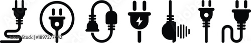 Electric plug icon set power energy connection cable socket silhouette vector illustration collection isolated black