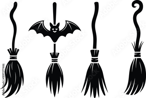Halloween witch broom silhouettes with bat design, black magical broomstick icons isolated on white background for spooky decoration concepts
