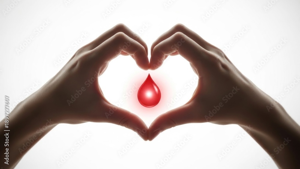 Fototapeta premium Two hands forming a heart shape with a red drop inside.