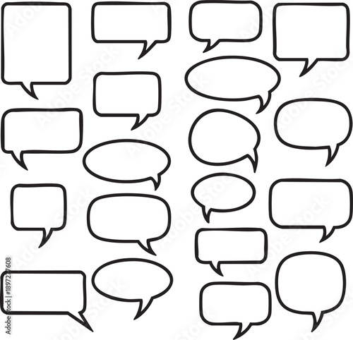 Assortment of hand-drawn speech and thought bubbles with black outlines on a white background