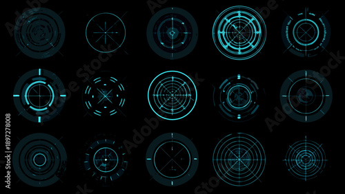 Collection of futuristic glowing cyan targeting reticles on a black background