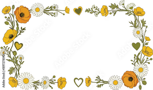 Bohemian Poppy and Daisy Floral Border with Hearts