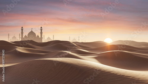 Desert sunset with mosque silhouettes, symbolizing spiritual journey in Islam