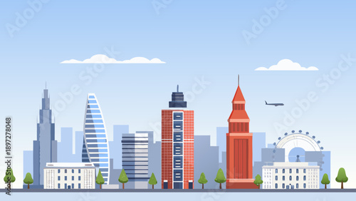 A colorful flat illustration of a modern city skyline with famous landmarks