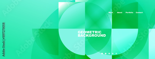 Abstract design features overlapping turquoise shapes. Text reads Geometric Background with navigation options above. Minimalist aesthetic.