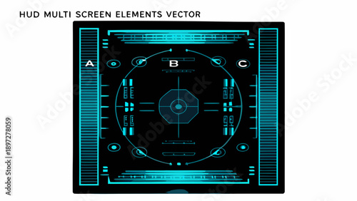 Futuristic heads up display with geometric shapes and digital interface elements