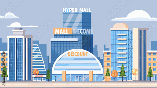 Colorful illustration of a modern shopping mall cityscape with promotional signage