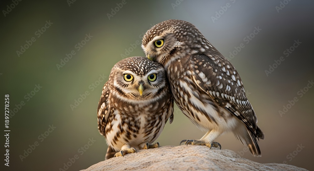 Fototapeta premium Two small owls perched on a rock looking cute and curious