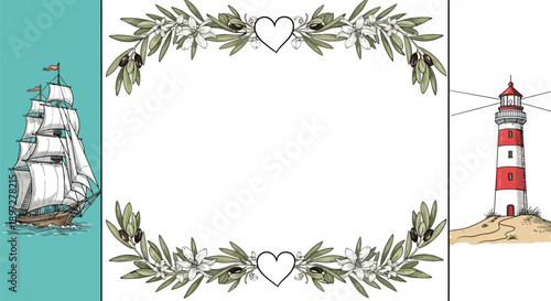 Nautical themed frame with lighthouse and ship