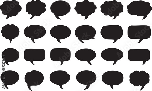 Collection of black silhouette speech and thought bubbles in various organic shapes on white