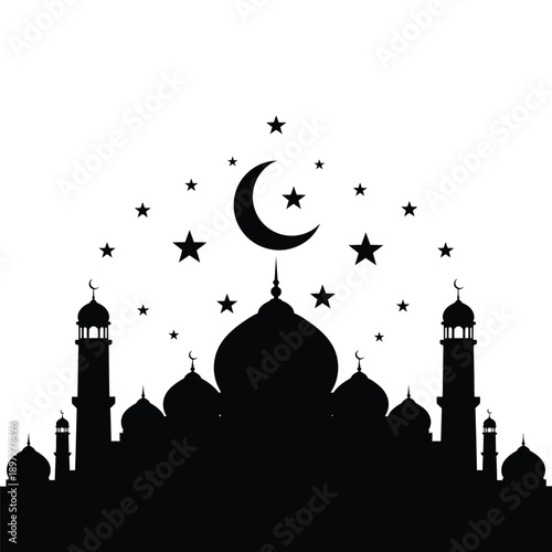 Elegant Black Mosque Silhouette Vector Illustration with Domes, Minarets, a Crescent Moon, and Stars, Ideal for Islamic Cultural, Spiritual, and Festive Occasion Designs