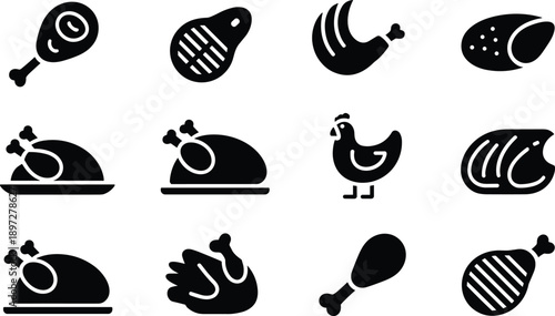 Chicken meat icons set poultry food silhouettes roasted grilled raw meat vector illustration cooking design