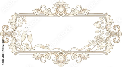 Ornate Baroque Frame with Champagne Glasses and Roses