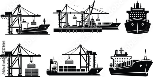 Set of Industrial Cargo Ship Silhouettes and Port Crane Illustrations for Global Logistics Freight Transportation International Shipping Trade and Marine Maritime Industry Vector Icons