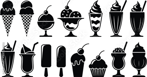 Ice cream dessert silhouette set frozen sweets sundae milkshake cone popsicle black vector illustration design