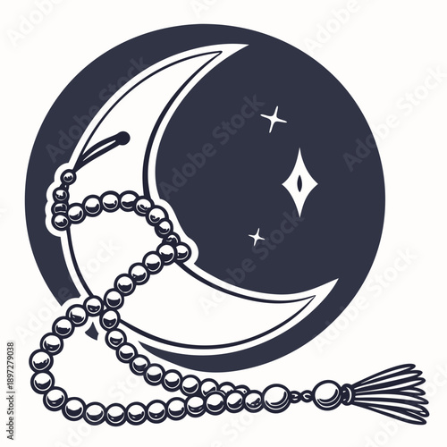 Crescent moon decor with prayer beads resting naturally