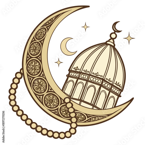 Golden crescent ornament with softly coiled tasbih and mosque dome