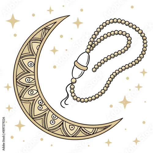 Golden crescent ornament with softly coiled tasbih