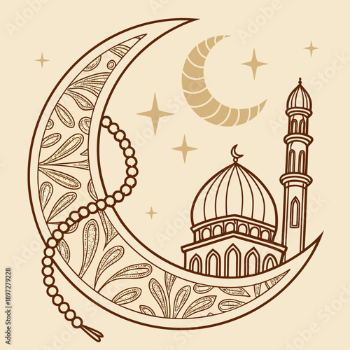 Golden crescent ornament with softly coiled tasbih and mosque