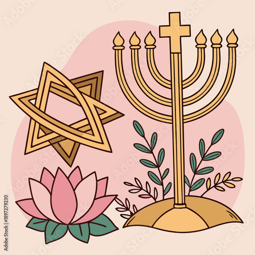 Golden menorah star of david and lotus flower on pink background