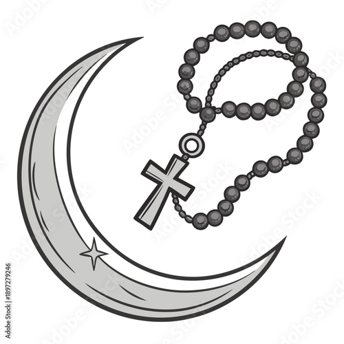 Gray crescent moon with star and rosary beads cross