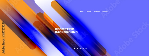 Abstract geometric design. Orange, blue gradients create dynamic visual effect. Minimalist header includes navigation options. Modern presentation style.