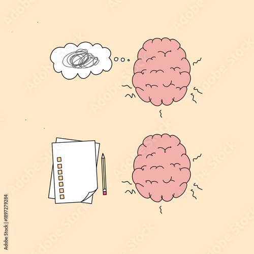 Vector illustration of mental organization. Features a cluttered brain next to a confused thought bubble versus a clear brain next to an organized checklist and pencil for productivity.