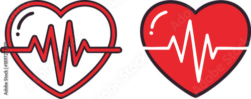 Two red heart with electrocardiogram lines inside on a white background pulse