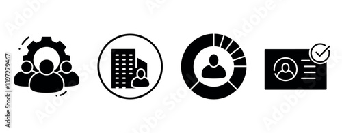 Black and white business icons: teamwork, office, analytics, id verification