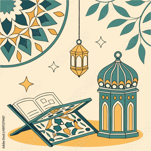 Islamic still life with quran lantern and decorative patterns