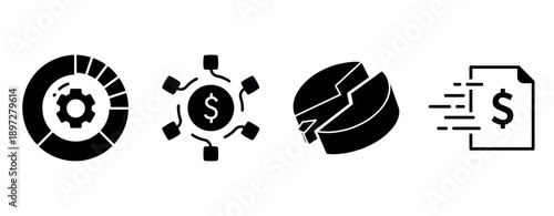 Financial icons: gear chart, dollar network, pie chart, fast transaction