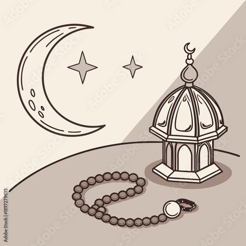 Spiritual still life with metallic crescent moon rosary and mosque