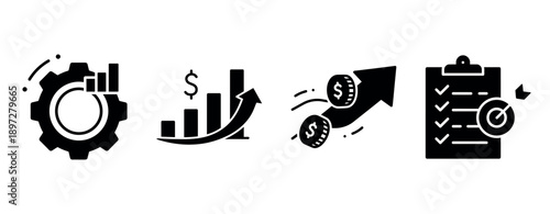 Financial growth icons: bar graph, arrow, coins, checklist