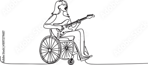 Continuous one line drawing young beautiful female sit wheelchair playing electric guitar, sing song. Person in hospital room ward. one line Icon drawing