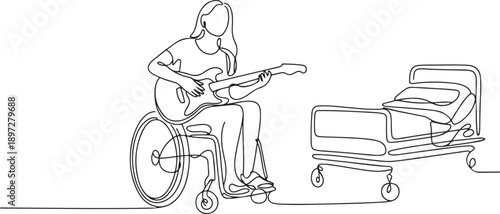Continuous one line drawing young beautiful female sit wheelchair playing electric guitar, sing song. Person in hospital room ward. one line Icon drawing