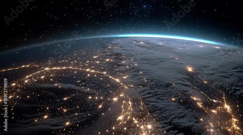 Earth from space at night with glowing city lights, futuristic global technology and satellite view for science and innovation visuals.