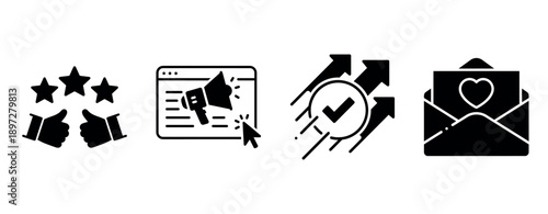 Set of icons: customer feedback, digital marketing, online growth, email communication