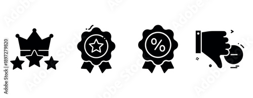 Monochrome award icons: crown, star badge, percentage emblem, thumbs down gesture