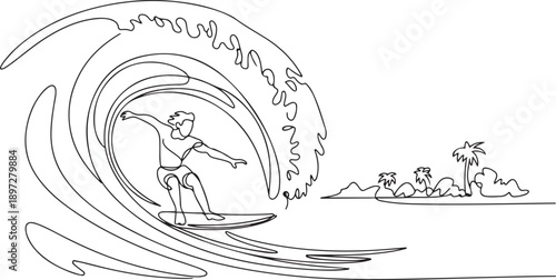 One single line drawing of young sporty surfer man riding on big waves barrel in surfing beach paradise vector illustration. Extreme water sport lifestyle concept. one line Icon drawing