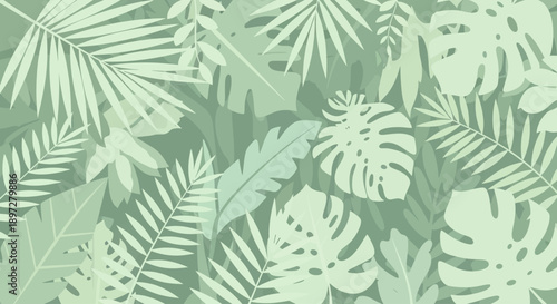 A vibrant illustration of various tropical leaves in shades of green, creating a dense jungle pattern.