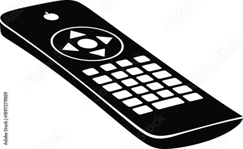 Black and white silhouette of TV remote control with directional pad, power button, and numeric keypad for electronic device interface