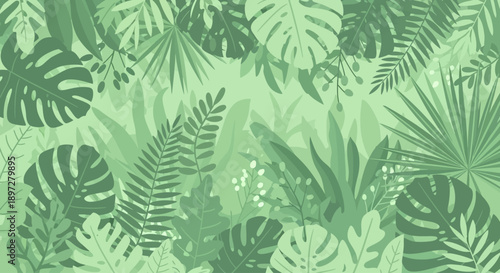 Lush green tropical jungle foliage background with various exotic leaves and plants in a flat design style, creating a dense natural pattern.
