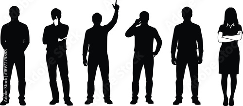Collection of six standing human silhouettes in expressive poses, body language gestures, communication stances, vector illustration for design and analysis