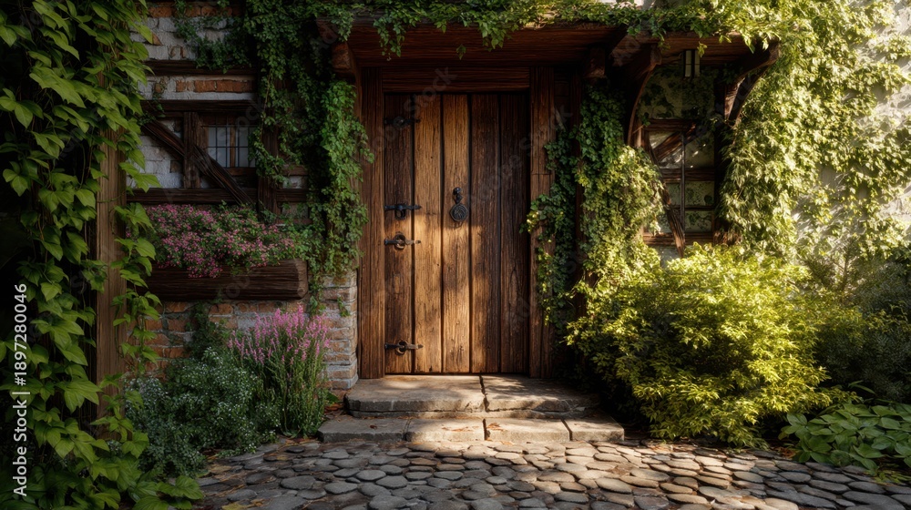 Fototapeta premium Rustic wooden door of an old house covered in lush green ivy and blossoming flowers. Cottage core aesthetic for fairytale and fantasy themes.