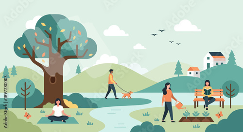A peaceful outdoor scene with people enjoying nature, including yoga, dog walking, gardening, and reading by a river.
