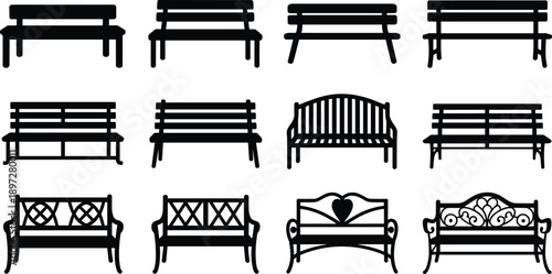 Park bench silhouette icon set featuring outdoor garden seating furniture black vector illustration collection for urban landscape design