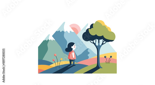 A young girl stands on a path looking out at a stylized landscape with mountains, a tree, and flowers.