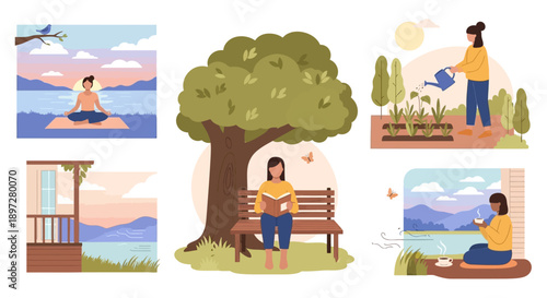 A person relaxing on the porch of a cozy cabin in a serene natural landscape with a tent nearby, illustrating a peaceful outdoor retreat.