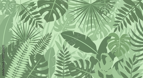 A vibrant green jungle foliage pattern featuring a variety of tropical leaves in different shades of green.